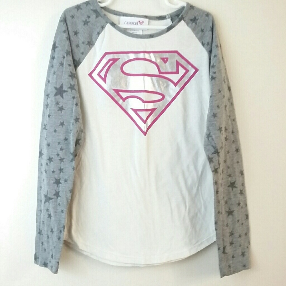 3/$20 SuperGirl Girls L 10/12 Long Sleeve Tee White Gray